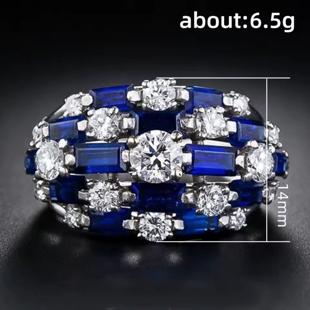 Blue Sapphire White CZ Silver Princess Diana Halo Ring